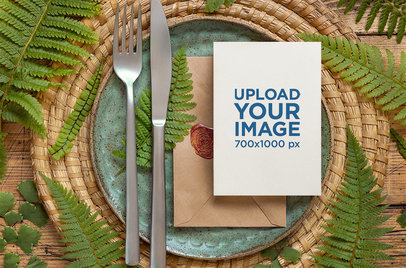 Wedding Program Mockup Featuring a Table Setting With Botanic Ornaments