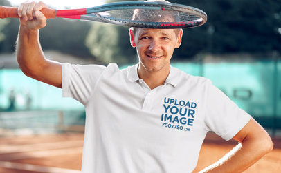 Polo Shirt Mockup of a Happy Tennis Player Man With a Racket