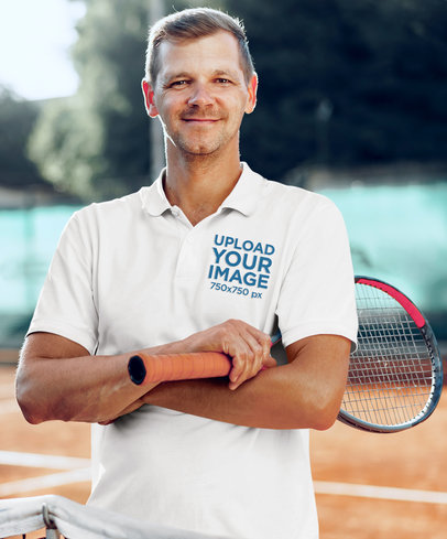 Polo Shirt Mockup Featuring a Confident Tennis Player Man
