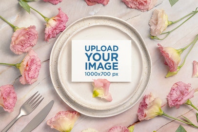 Mockup of a Wedding Program Placed on a Plate and Surrounded by Pink Flowers