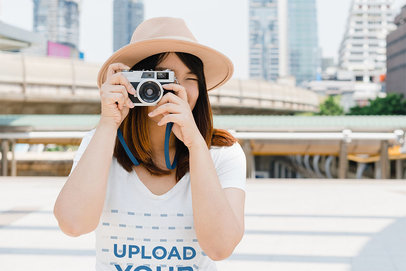 V-Neck T-Shirt Mockup Featuring a Woman Taking a Picture m17235 r-el2