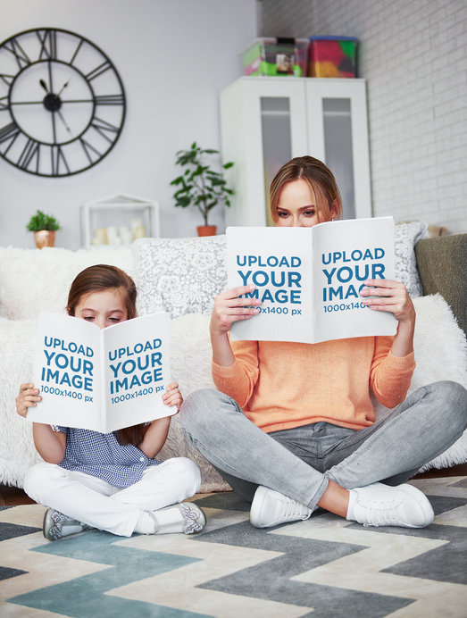 Mockup of a Mom and Her Daughter Reading Books at Home