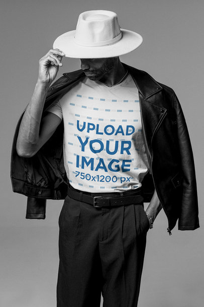 V-Neck Tee Mockup Featuring a Man Slightly Touching His Hat