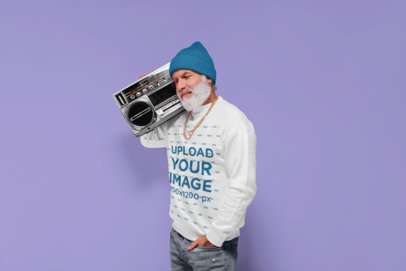 Sweatshirt Mockup Featuring a Senior Man Carrying an Old Record Player