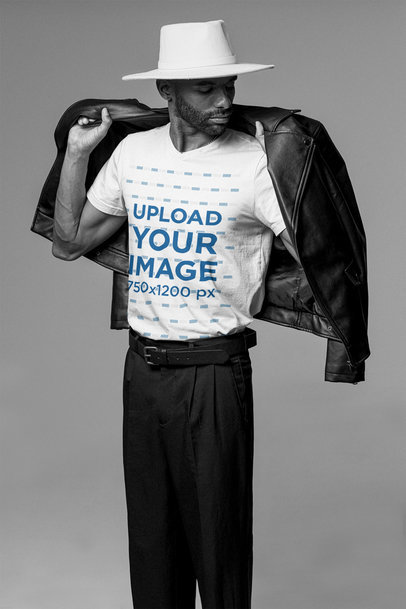 V-Neck Tee Mockup of a Man Wearing a Black Outfit and a Hat