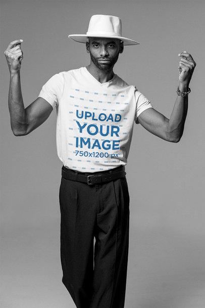 V-Neck T-Shirt Mockup of a Man Snapping His Fingers at a Studio m26418