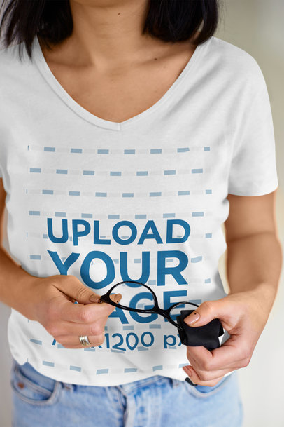 Closeup Mockup of a Woman Wearing a V-Neck Heathered Tee m18285 r-el2