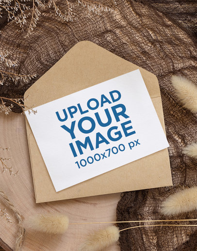 Mockup of a Wedding Program Placed on an Envelope with Some Dried Plants Around It m25086 r-el2