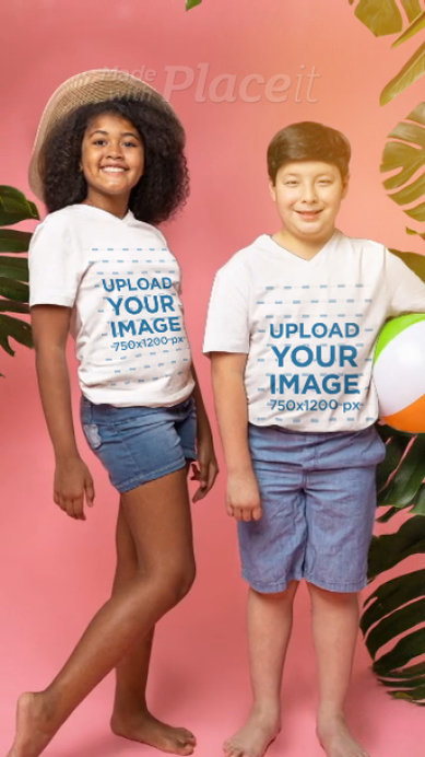 V-Neck T-Shirt Video of Two Happy Kids Posing at a Studio With a Summer Theme