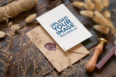 Wedding Program Mockup Featuring an Envelope with a Wax Seal and Some Dried Plants m25126 r-el2