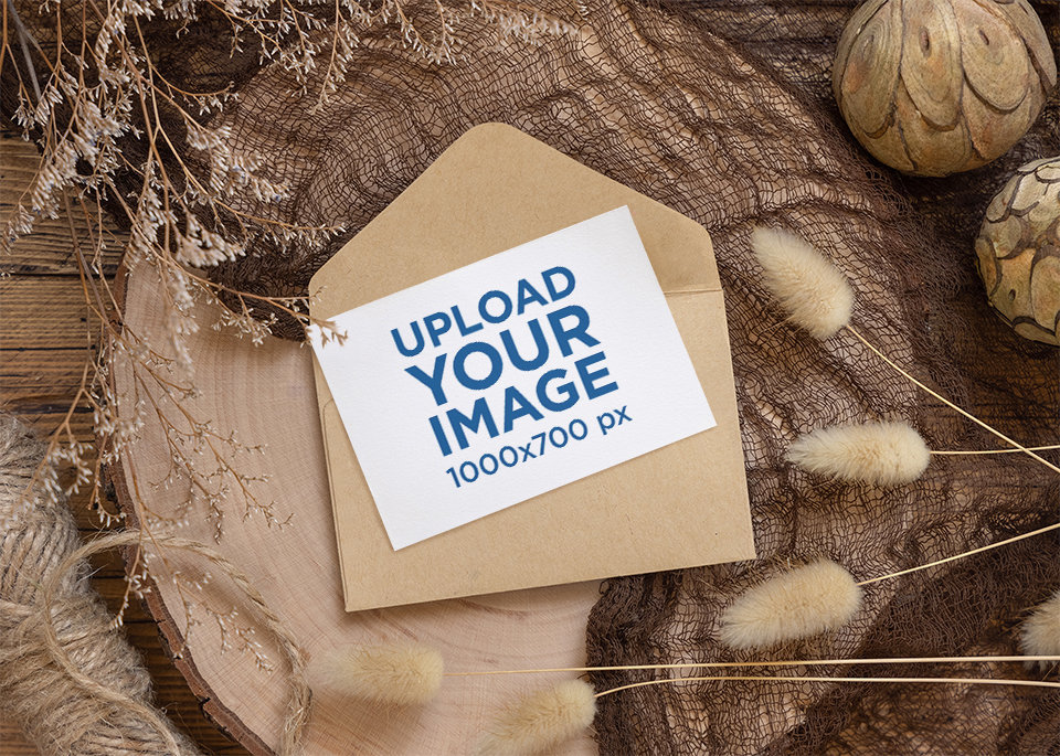 Wedding Program Mockup Featuring a Wooded Surface