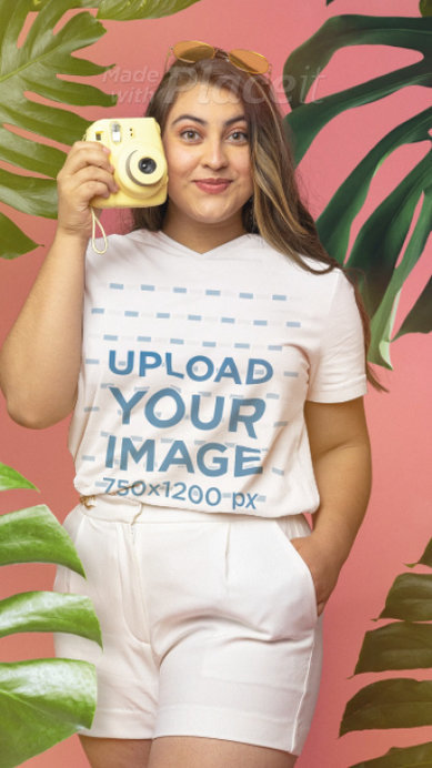 Video of a V-Neck T-Shirt Featuring a Woman in a Summer Theme Setting