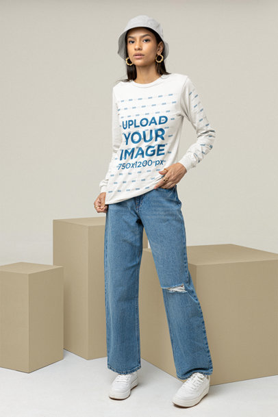 Mockup of a Tall Woman With a 90S Look Wearing a Long-Sleeve Tee 
