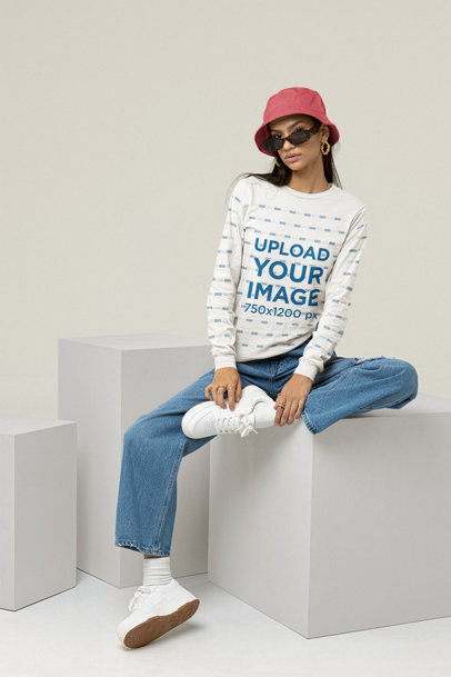 Long-Sleeve Tee Mockup of a Woman With a 90s Look