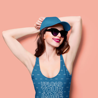 Closeup Mockup Featuring a Happy Woman with Sunglasses Wearing a Swimsuit
