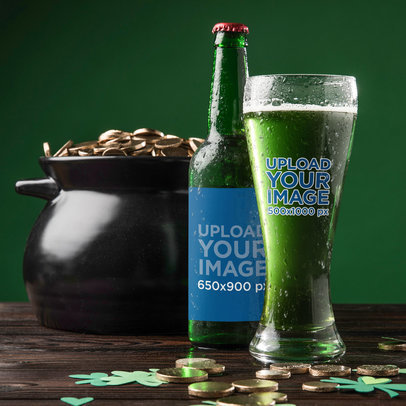 Beer Bottle and Glass Mockup Featuring an Ornamental Pot for St Patrick's Day