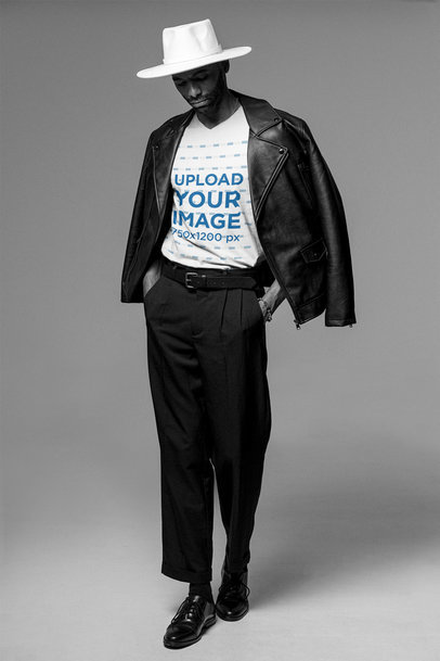 Mockup of a Bearded Man Wearing a V-Neck T-Shirt and a Leather Jacket