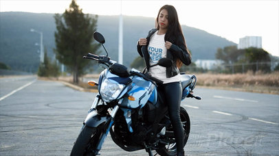 Trendy Girl Wearing a Round Neck Tee in Stop Motion and a Leather Jacket on her Bike a13580