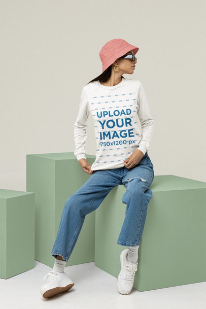 Long-Sleeve Tee Mockup Featuring a Woman With a 90s Outfit