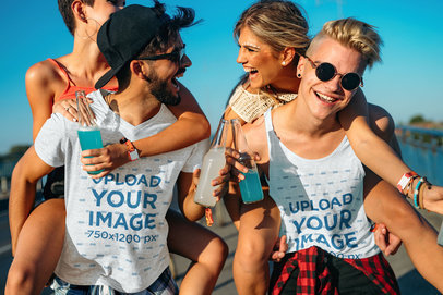 T-Shirt and Tank Top Mockup Featuring a Group of Friends Hanging Out