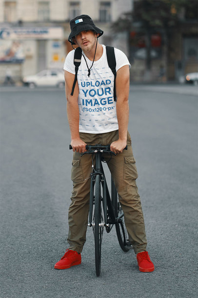 Round-Neck T-Shirt Mockup of a Man on a Bicycle 