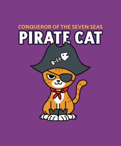 Illustrated T-Shirt Design Template with a Cartoonish Pirate Cat 4771g