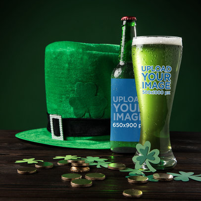 Beer Bottle and Glass Mockup Featuring a Leprechaun Hat for St Patrick's Day
