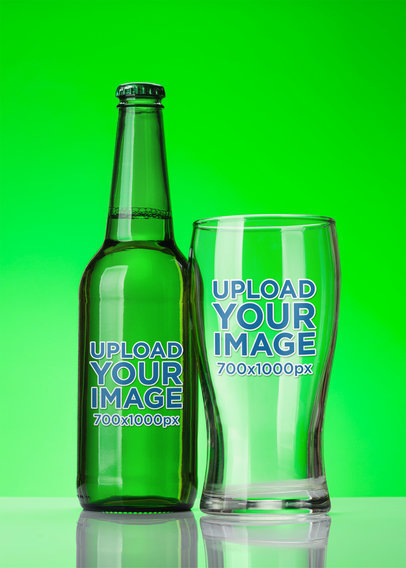 Mockup of a Beer Bottle and a Glass Featuring a Customizable Background