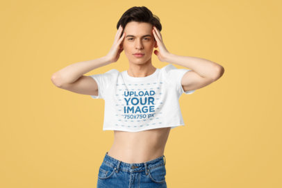 Crop Top Mockup Featuring a Young Man Posing with His Hands on His Head m20670 r-el2