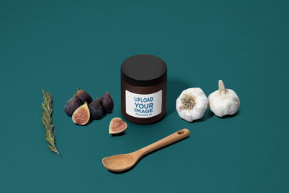 Label Mockup of an Amber Jar Surrounded by Customizable Food Graphics