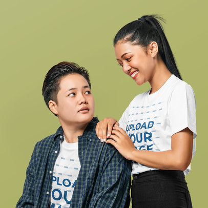 Round-Neck Tee Mockup of a Happy LGBT Couple in a Studio