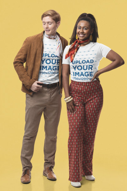 Bella Canvas Tee Mockup of a Couple Wearing a 60s Outfit 