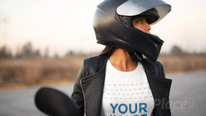 Edgy Girl Outdoors Wearing a T-Shirt in Stop Motion Getting Ready to Ride her Motorcycle a13582