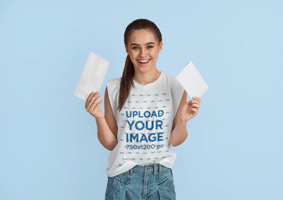 Sleeveless Tee Mockup of a Happy Woman Holding Mailing Letters m22811 r-el2