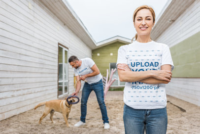Round-Neck Tee Mockup of a Smiling Woman Standing with Crossed Arms m4834 r-el2