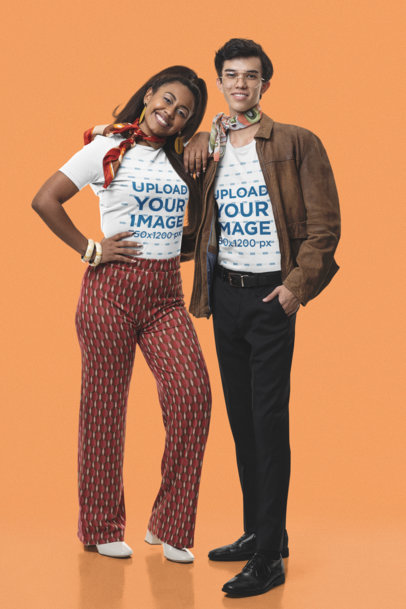 Groovy Mockup of a Couple Posing With T-Shirts and a 60s Outfit
