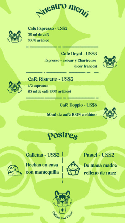 Menu Generator for a Coffee Shop Featuring Illustrated Tigers