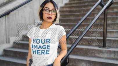 Edgy Woman Wearing a T-Shirt Stop Motion Near Some Stairways