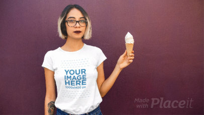 Round Neck Tee Stop Motion Against a Purple Background Having an Ice Cream