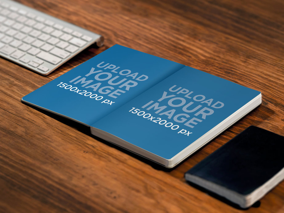 Double Page Notebook Mockup on Wooden Desk