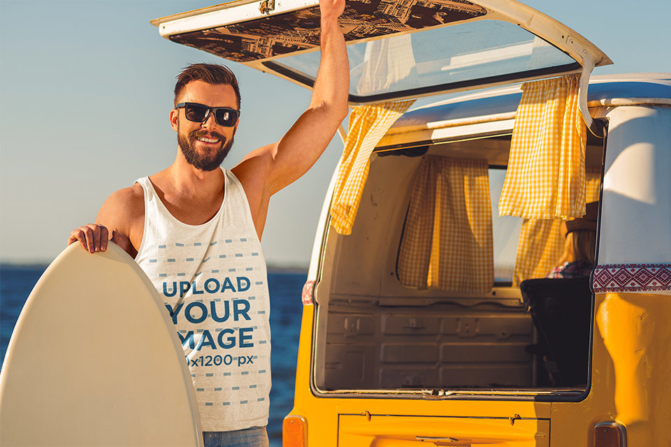 Heathered Tank Top Mockup of a Smiling Surfer by a Camper Van