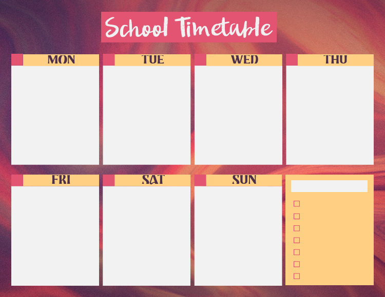 Calendar Template for a Weekly School Plan