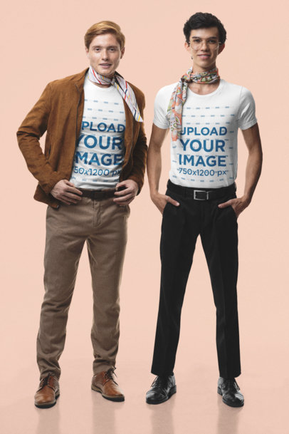 Retro Mockup Featuring Two Men Wearing Bella Canvas T-Shirts at a Studio