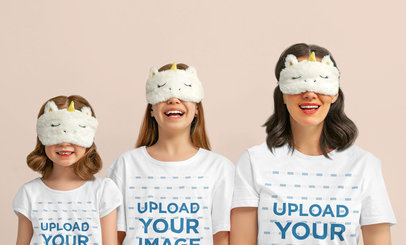 T-Shirt Mockup Featuring a Mom With Her Daughters Wearing Unicorn Sleep Masks