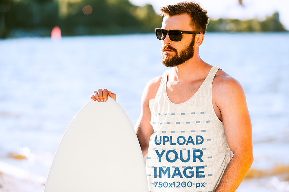 Heathered Tank Top Mockup of a Man Holding a Surf Board