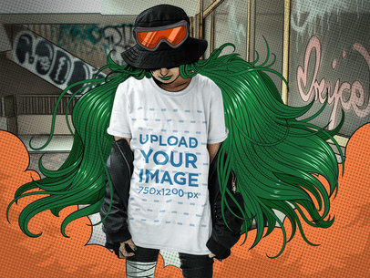 Illustrated Mockup Featuring a Woman Wearing a Unisex Tee and Long Green Hair