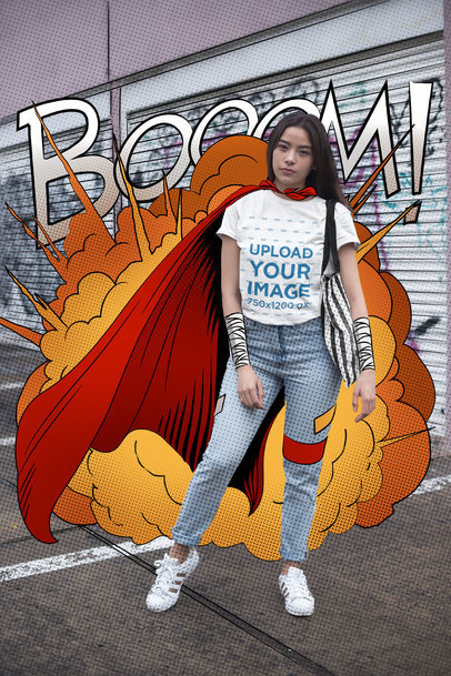 Illustrated Mockup of a Woman Wearing a Cape and a T-Shirt in a Comic-Style m28942