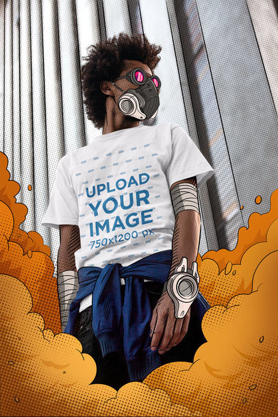 Illustrated Mockup of a Man Wearing a Tee and a Gas Mask m28941