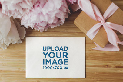 Mockup of a Horizontal Flyer With Some Pink Flowers and a Present Next to It m13181 r-el2