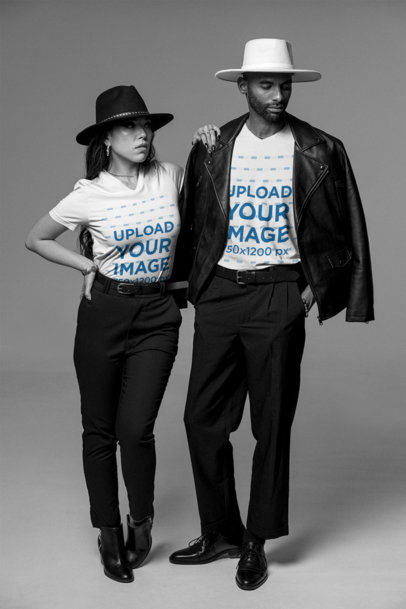 V-Neck Tee Mockup of a Couple Wearing All-Black Outfits